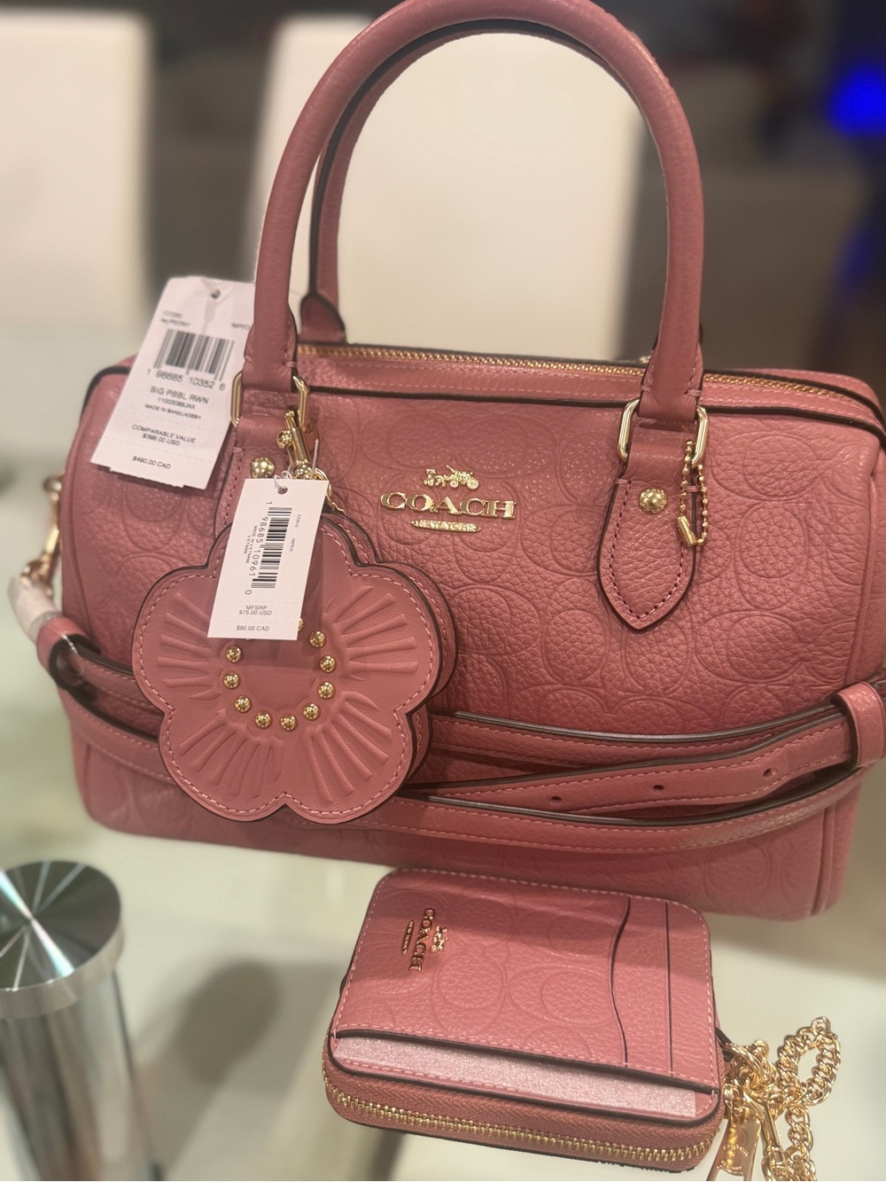 NWT Coach Peony Rowan Satchel with Floral Charm and Wallet